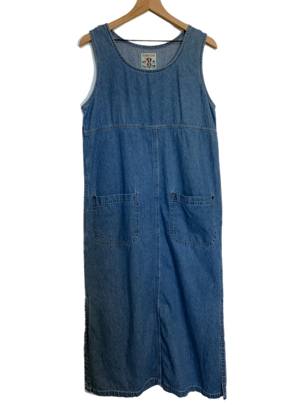 STUDIO WEAR Vintage 90’s 100% Cotton Denim Sleeveless Maxi Dress  Front Pockets
